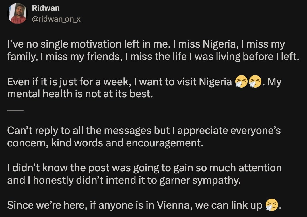 "I miss Nigeria, my mental health is not at its best" - Abroad based man laments